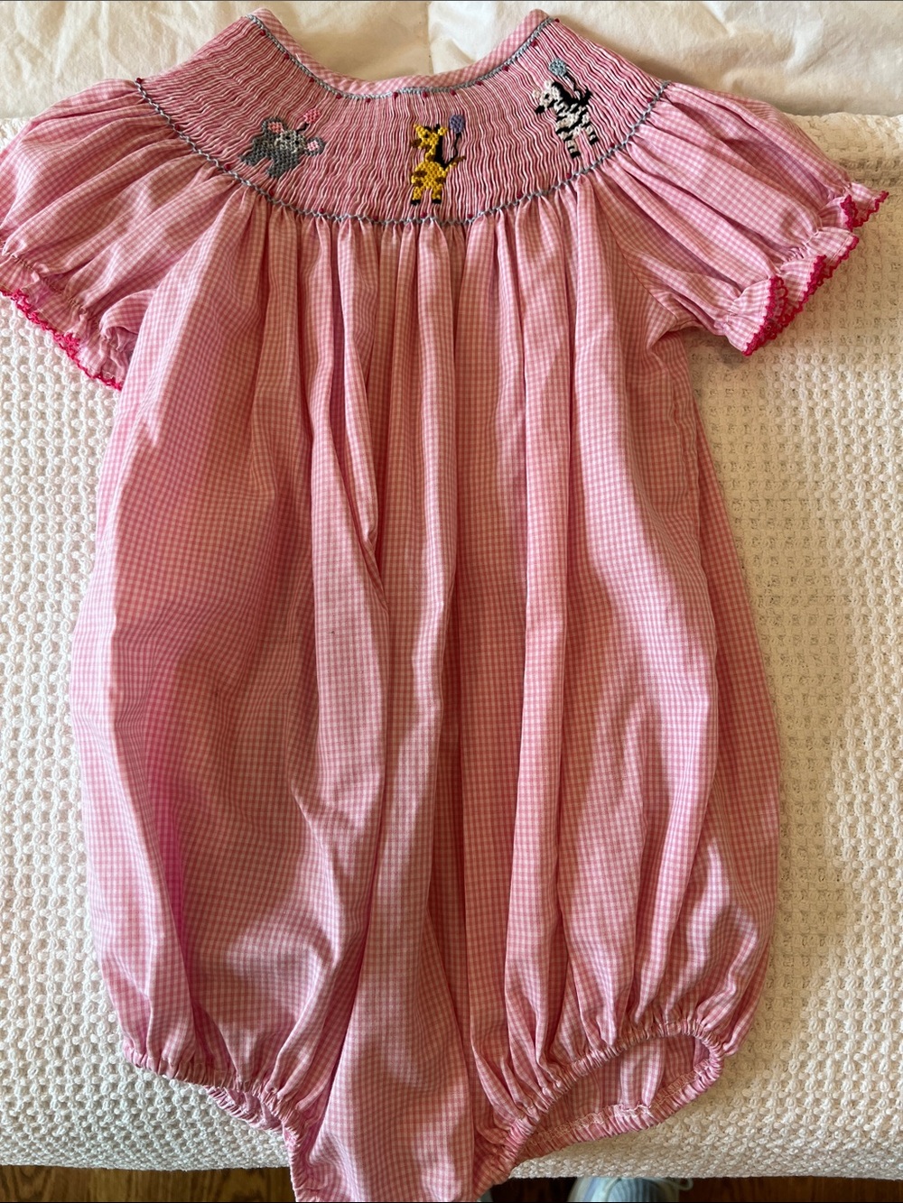 Girls' Pink Smocked One-Piece Romper with Animal Embroidery
